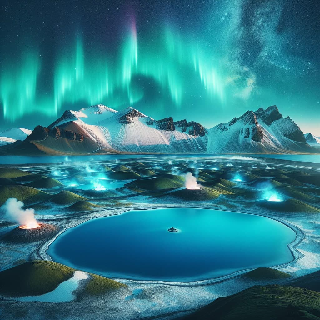 Lagoa Azul da Islândia com águas termais e montanhas ao fundo