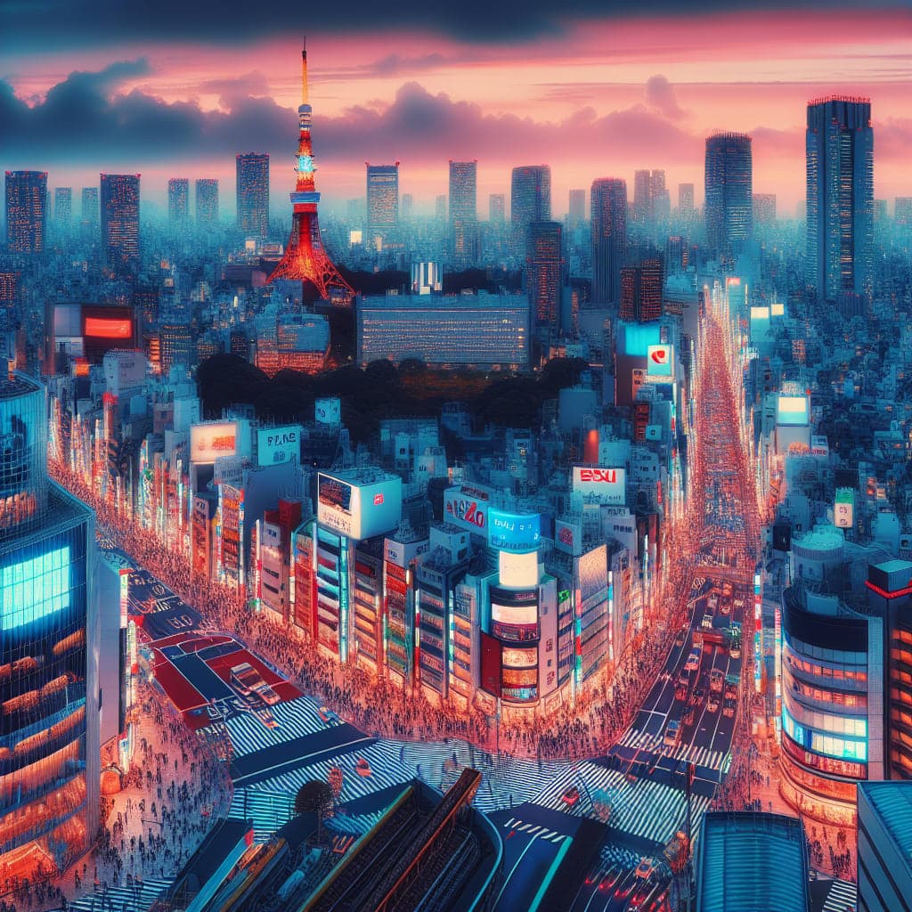 Vista panorâmica de Tóquio com a Tokyo Tower e flores de cerejeira em destaque.