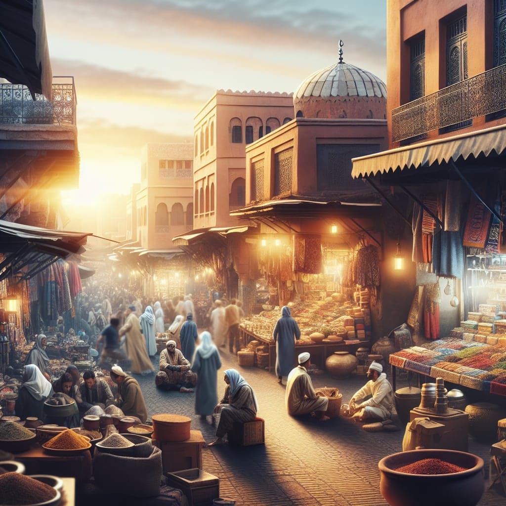 Vista vibrante dos souks de Marrakech com especiarias e artesanato local.