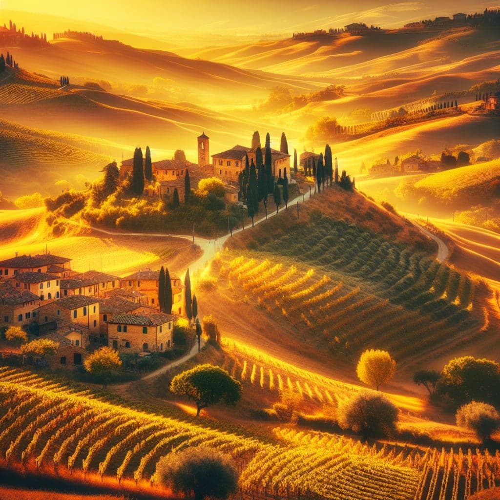 Campos dourados da Toscana com vilas medievais e vinhedos exuberantes