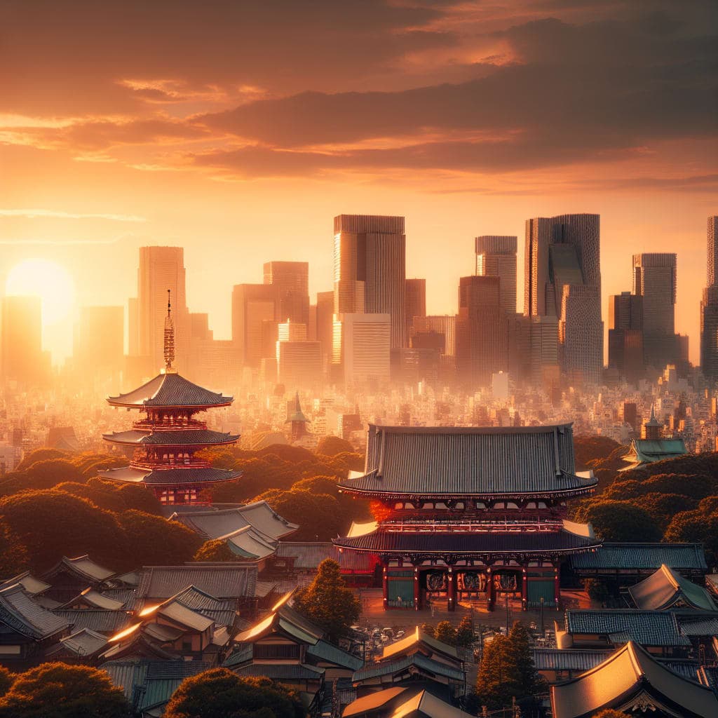 Paisagem do Japão com templos tradicionais e arranha-céus modernos