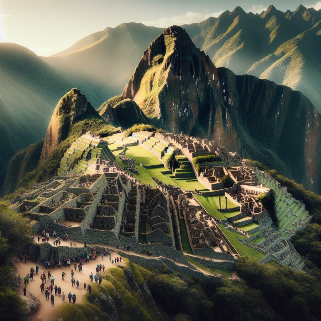 Vista panorâmica de Machu Picchu com montanhas ao fundo e céu azul.