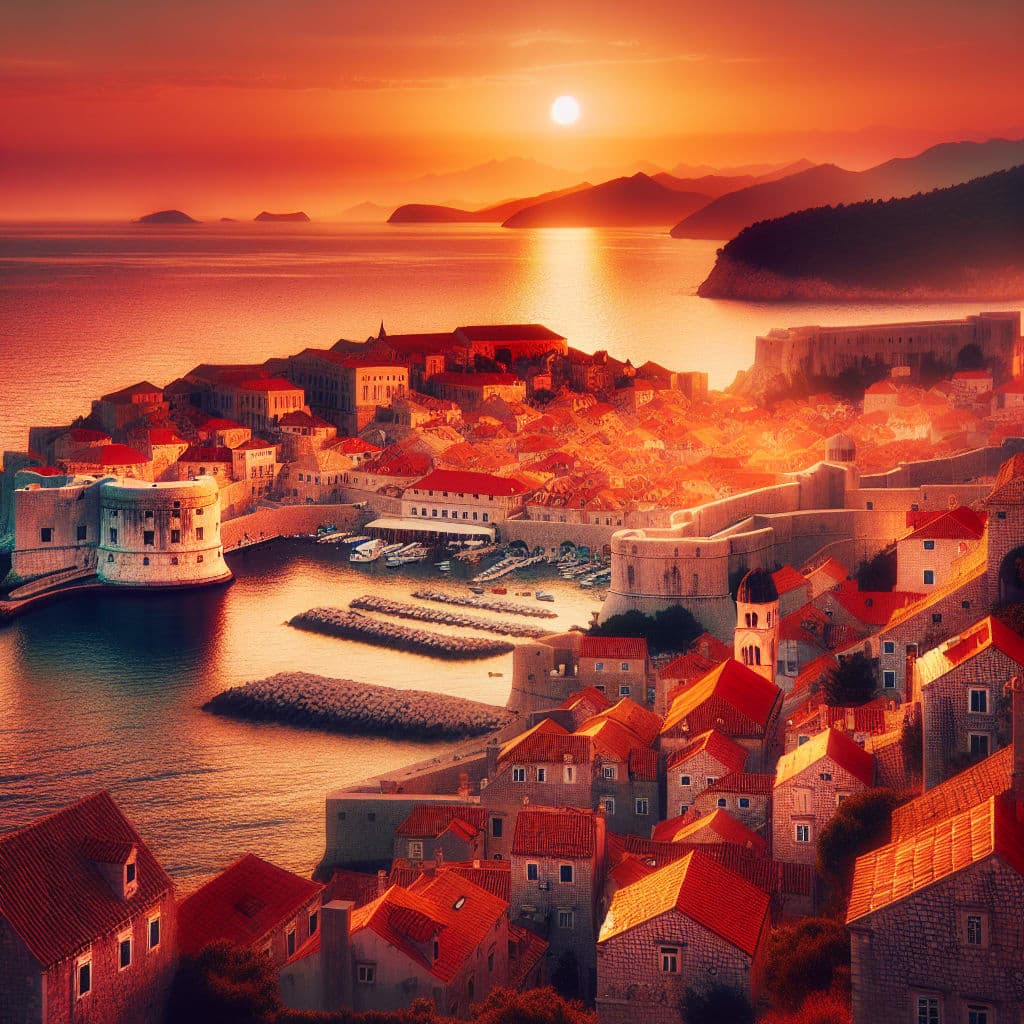 Praia de Banje em Dubrovnik com águas cristalinas e muralhas medievais ao fundo.