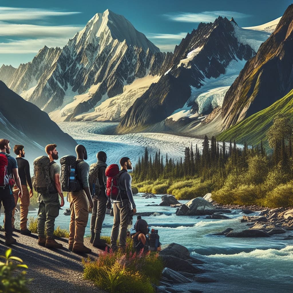 Vista deslumbrante dos glaciares do Alasca com montanhas ao fundo e céu azul.