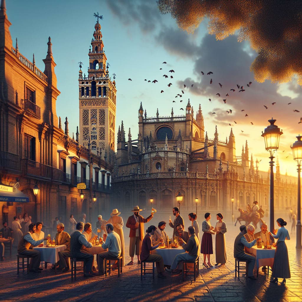 Vista da Catedral de Sevilha com a Giralda ao fundo e ruas de paralelepípedos.