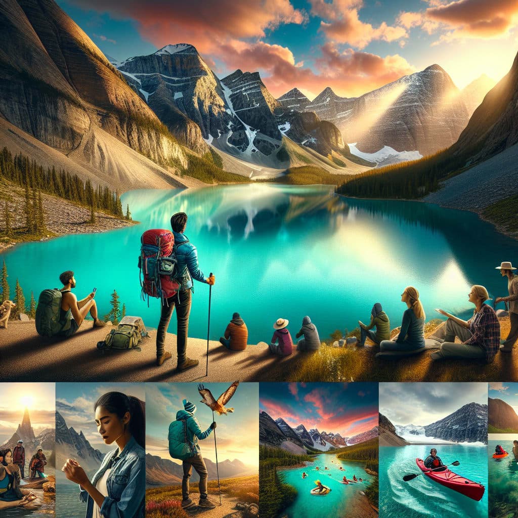 Vista panorâmica do Lago Louise cercado por montanhas majestosas no Canadá.