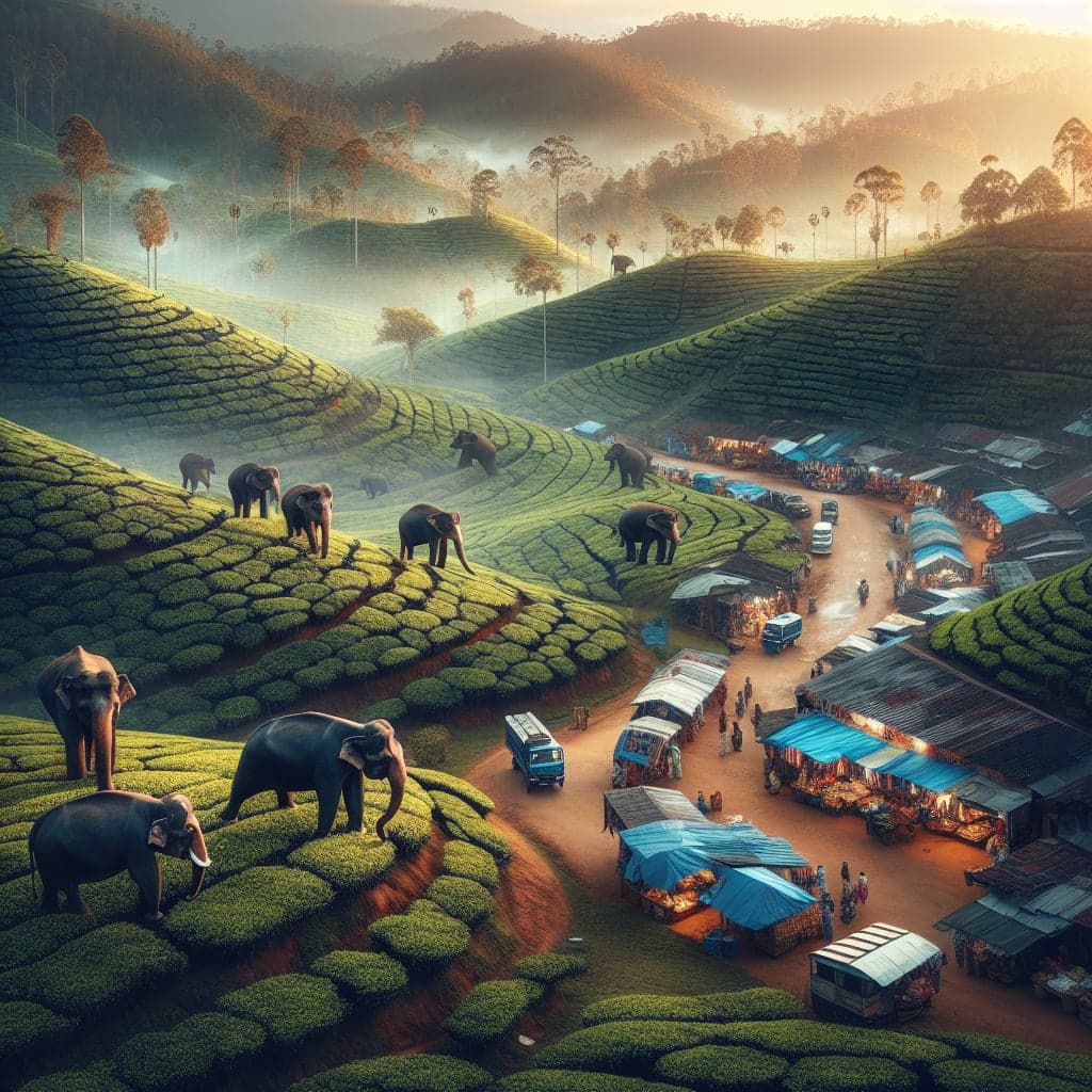 Vista panorâmica das plantações de chá no Sri Lanka com elefantes ao fundo.