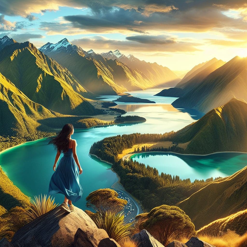 Cenário deslumbrante da Nova Zelândia com montanhas e lagos cristalinos, perfeito para aventureiros.
