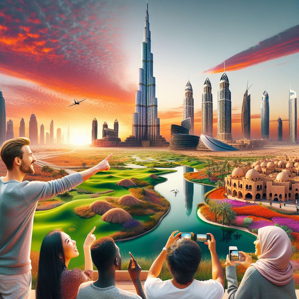 Vista panorâmica do Burj Khalifa em Dubai, rodeado pelo deserto.