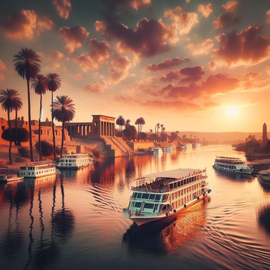 Vista panorâmica de um luxuoso cruzeiro navegando pelo Nilo, com templos antigos ao fundo.