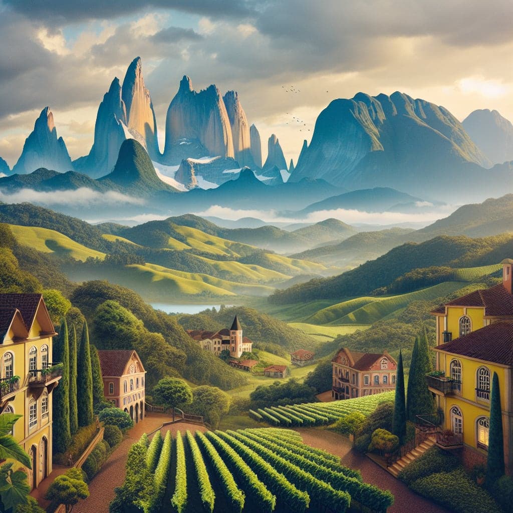 Paisagens deslumbrantes da Serra Gaúcha com vinícolas e montanhas ao fundo