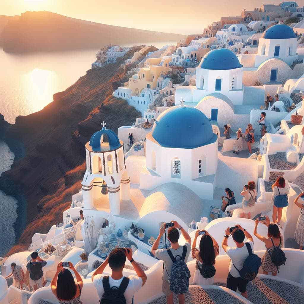 Vista panorâmica de Santorini com a caldeira e pôr do sol deslumbrante.