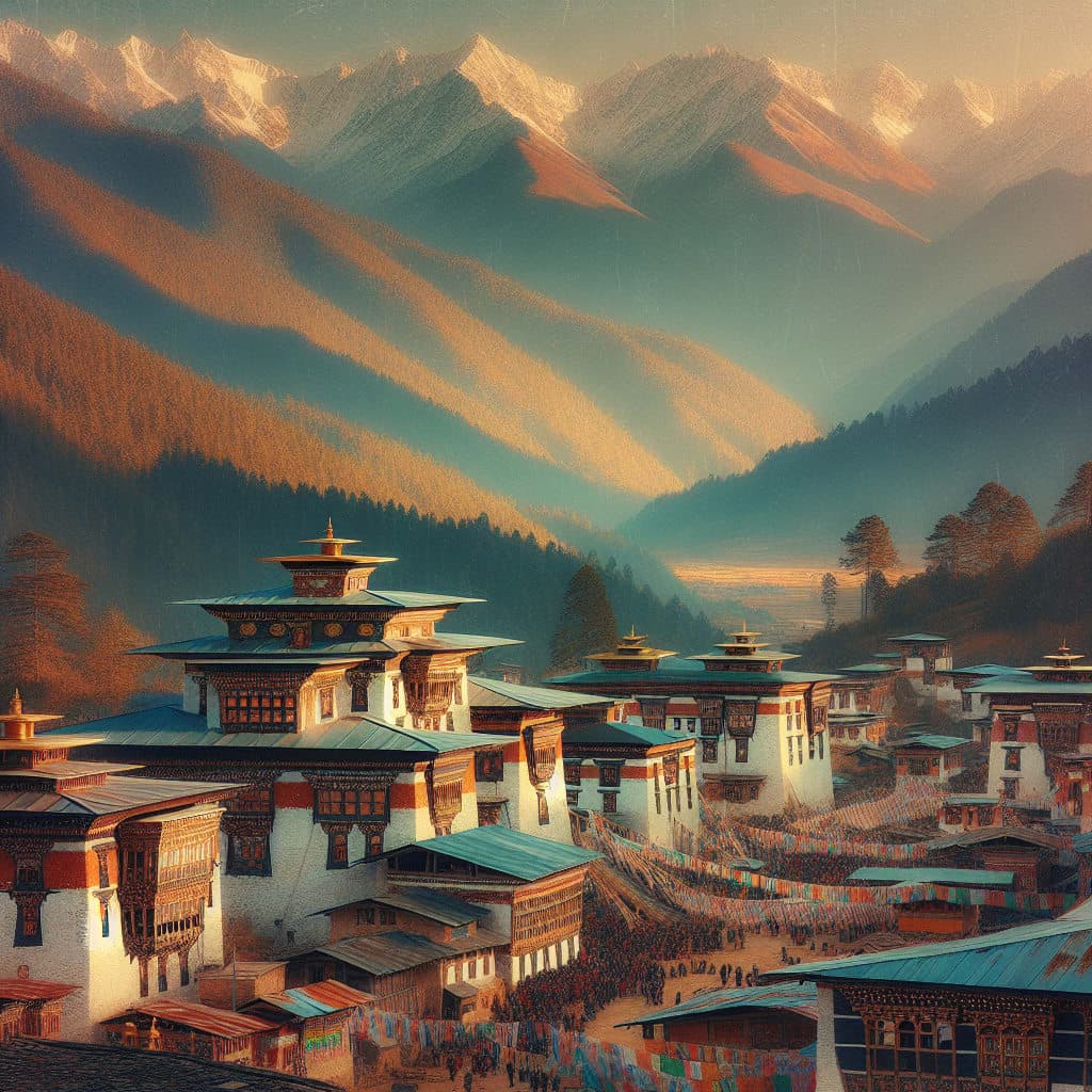 Paisagem deslumbrante do Butão com montanhas e templos antigos