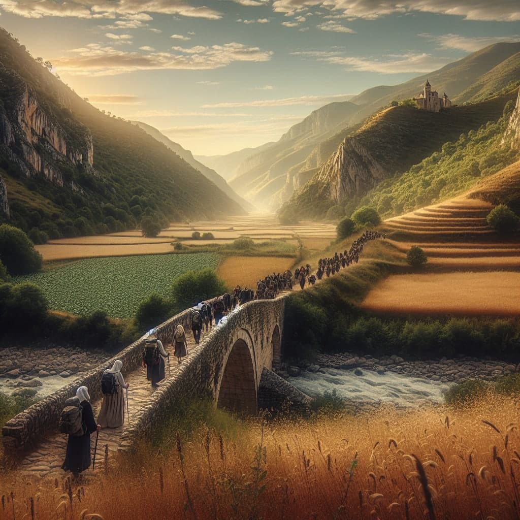 Caminho de Santiago com vistas deslumbrantes, peregrinos e natureza exuberante.